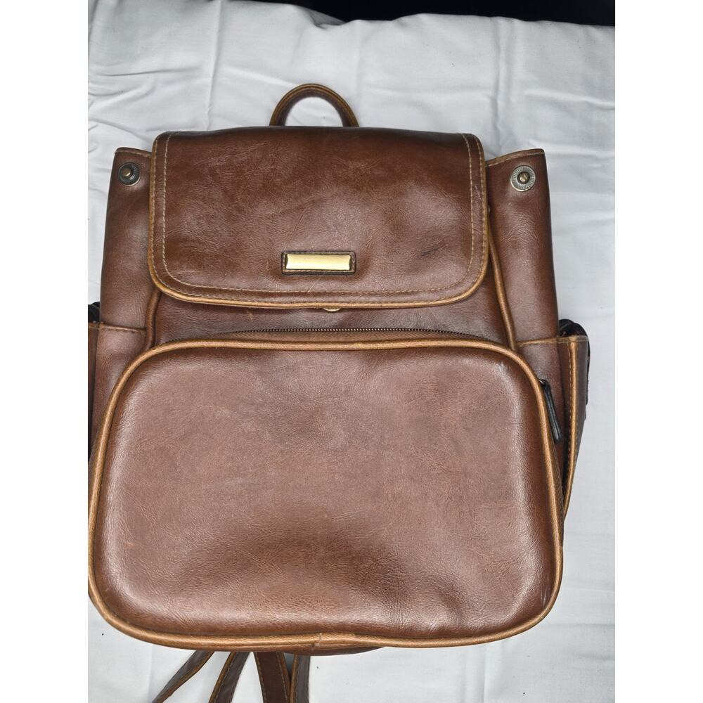 Unbranded Brown Faux Leather Backpack Purse — Flap Drawstring Front Zip Pocket